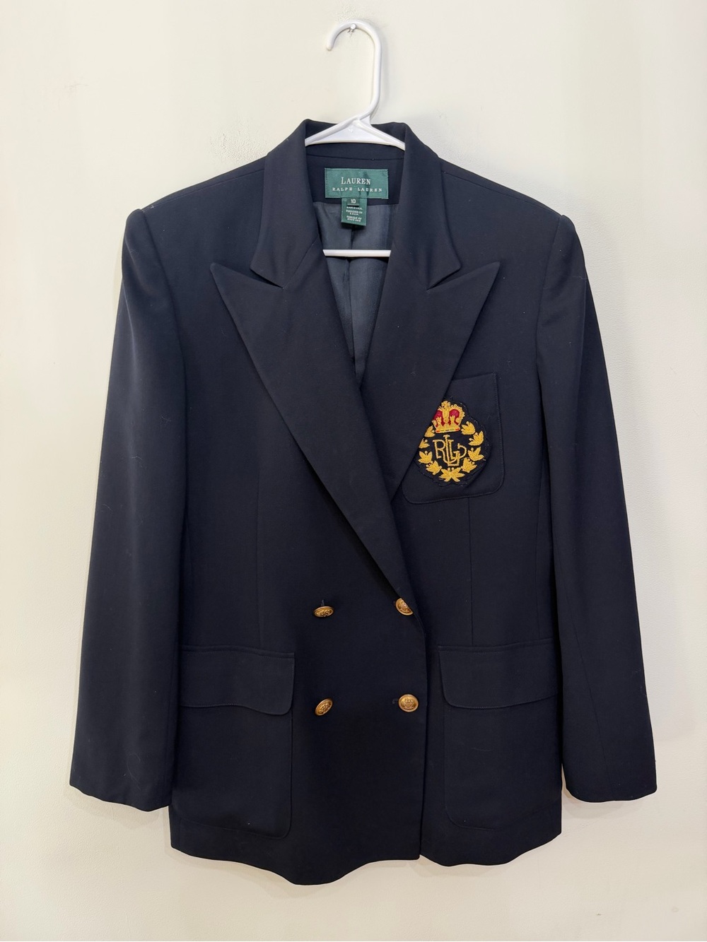 Vtg Lauren Ralph Lauren Double Breasted Crest Blazer Navy Blue Wool Women’s 10